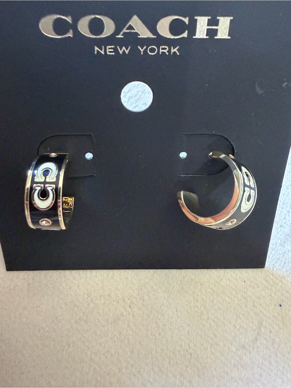 COACH Black and Gold Enamel Signature Hoop Earrings